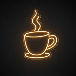 Néon LED Steaming Coffee orange, sur plaque en acrylique transparent découpée à la forme