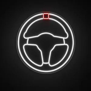 Steering Wheel LED neon sign in cool white and red on a clear cut-to-shape acrylic backboard