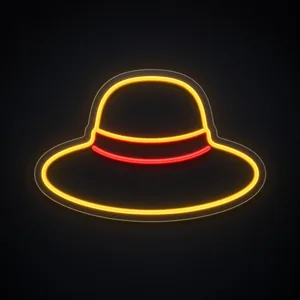 Neon LED Straw Hat w ciepłej żółci i czerwieni, na przezroczystej płycie akrylowej wyciętej po obrysie
