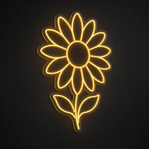 Neón LED Sunflower en amarillo cálido sobre placa de acrílico transparente recortada a medida
