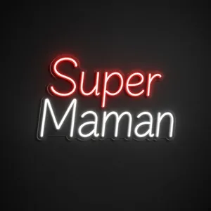 Neon LED Super Maman (czerwień i zimna biel) na przezroczystej płycie akrylowej wyciętej po konturze