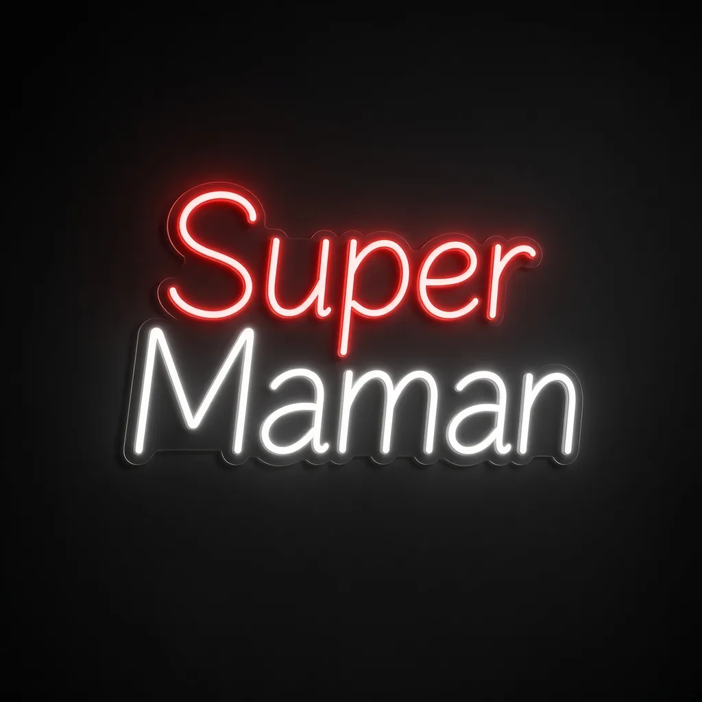 Néon LED Super Maman rouge et blanc froid, sur plaque en acrylique transparent découpée à la forme