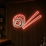 Neon LED Sushi Roll acceso, ambientato in un interno