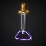LED-Neonschild Sword in the Stone in Kaltweiß, Warmgelb und Violett auf transparenter, konturgeschnittener Acrylplatte