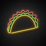 LED-neonbord Taco Fiesta in warmgeel, groen en rood op transparante acrylplaat, op vorm gesneden