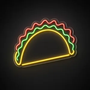 Neon LED Taco Fiesta giallo caldo, verde e rosso su pannello in plexiglass trasparente sagomato