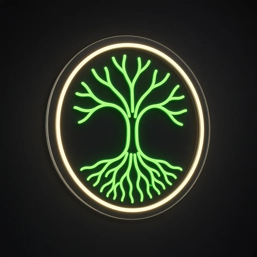 Neon LED Tree of Life w zieleni i ciepłej bieli, na przezroczystej płycie akrylowej wyciętej po obrysie