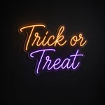 LED-neonskilt Trick or Treat i oransje og lilla på gjennomsiktig, formskåret akrylplate