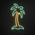 Tropical Palm LED neon sign in warm yellow and green on a clear cut-to-shape acrylic backboard