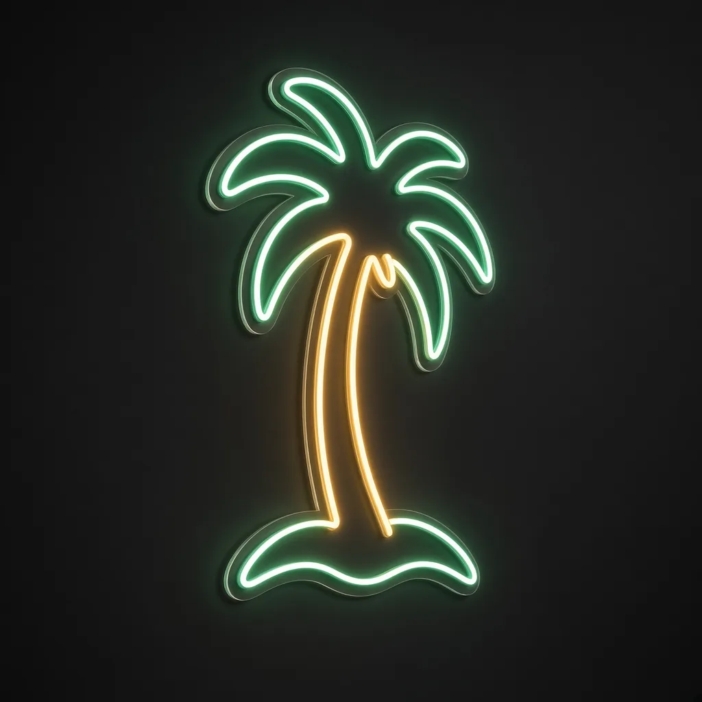 Tropical Palm LED neon sign in warm yellow and green on a clear cut-to-shape acrylic backboard