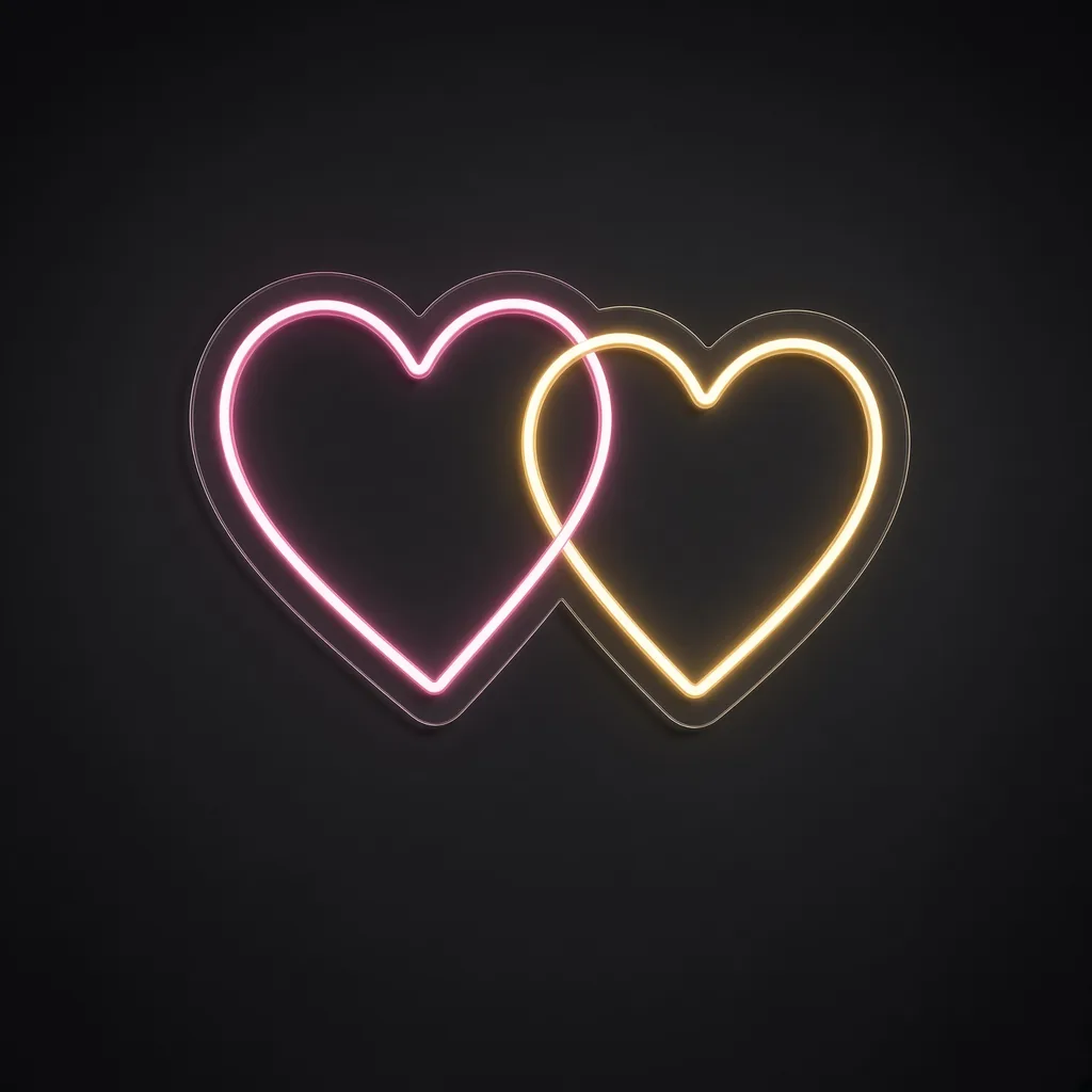 LED-neonbord Two Hearts in roze en warmwit op transparante acrylplaat, op vorm gesneden