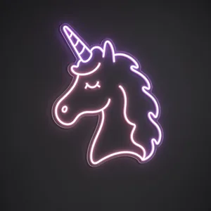 Neon LED Unicorn rosa e viola su pannello in plexiglass trasparente sagomato