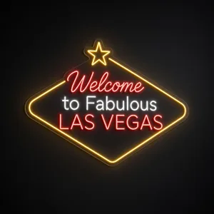 Neon LED Vegas Welcome giallo caldo, rosso e bianco freddo su pannello in plexiglass trasparente sagomato