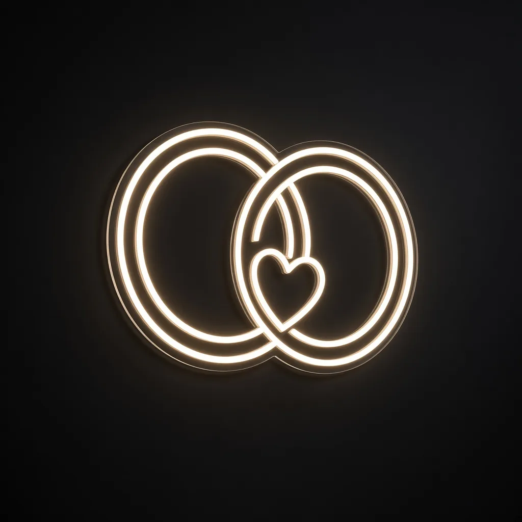 Néon LED Wedding Rings blanc chaud, sur plaque en acrylique transparent découpée à la forme