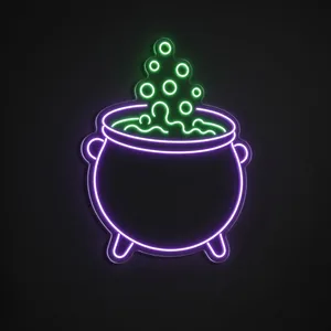 Neon LED Witch Cauldron viola e verde su pannello in plexiglass trasparente sagomato