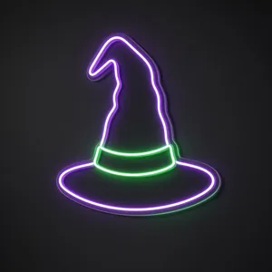 Neon LED Witch Hat viola e verde su pannello in plexiglass trasparente sagomato