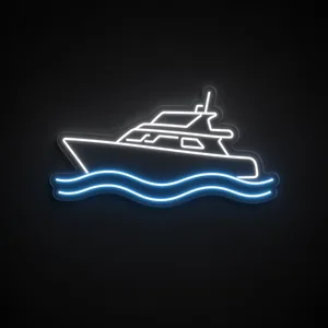 Yacht LED neon sign in cool white and neon blue on a clear cut-to-shape acrylic backboard