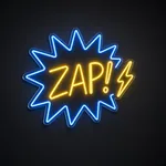 Néon LED Zap em azul néon e amarelo quente sobre placa de acrílico transparente recortada