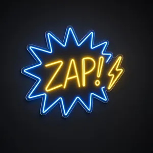 Néon LED Zap em azul néon e amarelo quente sobre placa de acrílico transparente recortada