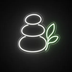 Neon LED Zen Stones bianco caldo e verde su pannello in plexiglass trasparente sagomato