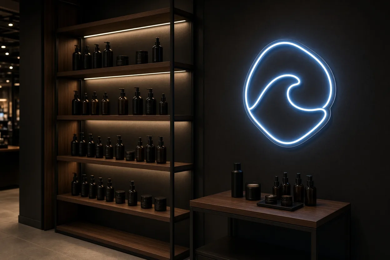 Permanente merkhoek van hout en zwart metaal in een boutique, verlichte planken en blauwe LED-neon cirkel op acrylplaat