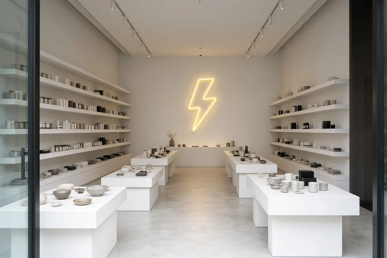Achtergrond van concept store gezien vanaf de ingang, uniform verlichte schappen en gele LED-neon bliksem op acrylplaat die de blik trekt