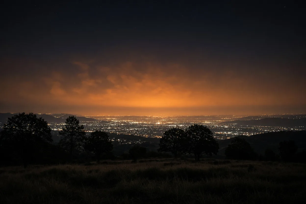Halo lumineux orangé au-dessus d'une ville la nuit, vu depuis une colline sombre où l'on distingue encore quelques étoiles