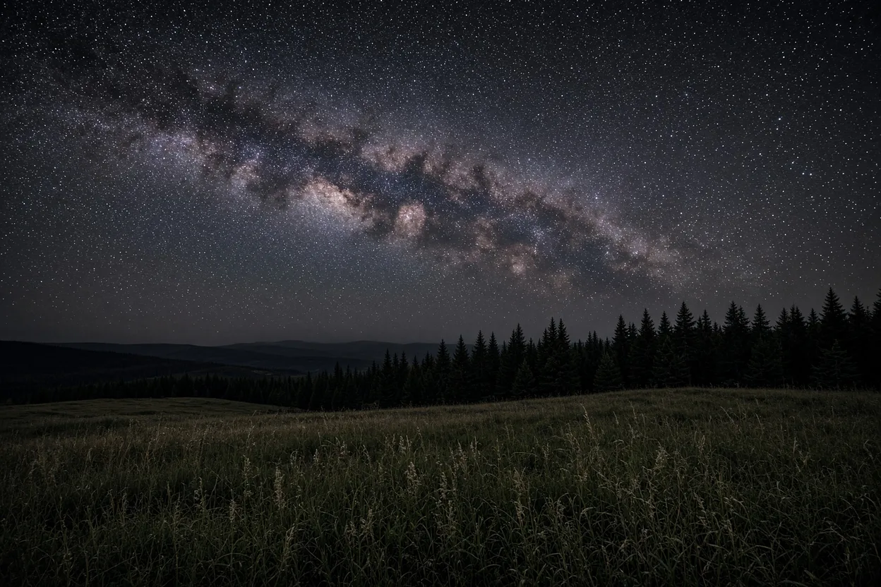 Ciel étoilé et Voie lactée au-dessus d'une prairie et d'une lisière de forêt, loin de tout éclairage artificiel