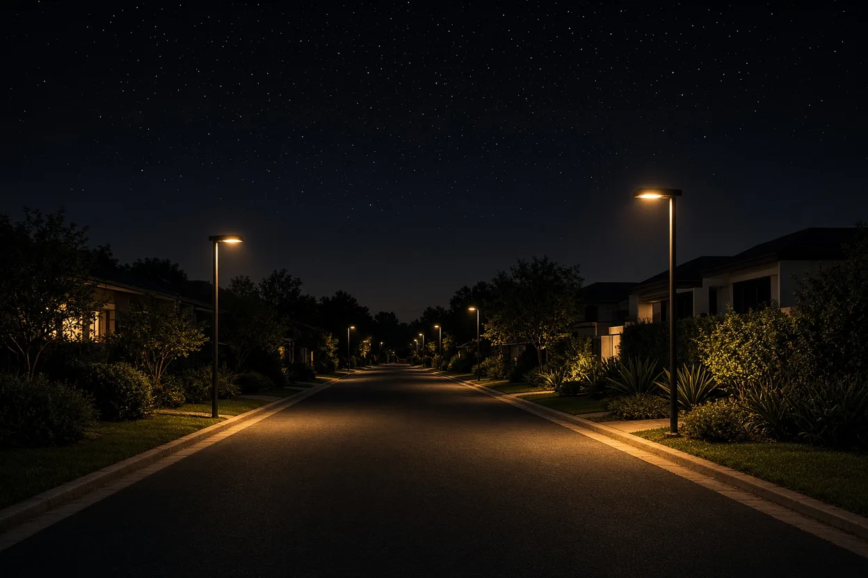 Rue résidentielle la nuit éclairée par des lampadaires à lumière chaude orientée vers le sol, sans diffusion vers le ciel