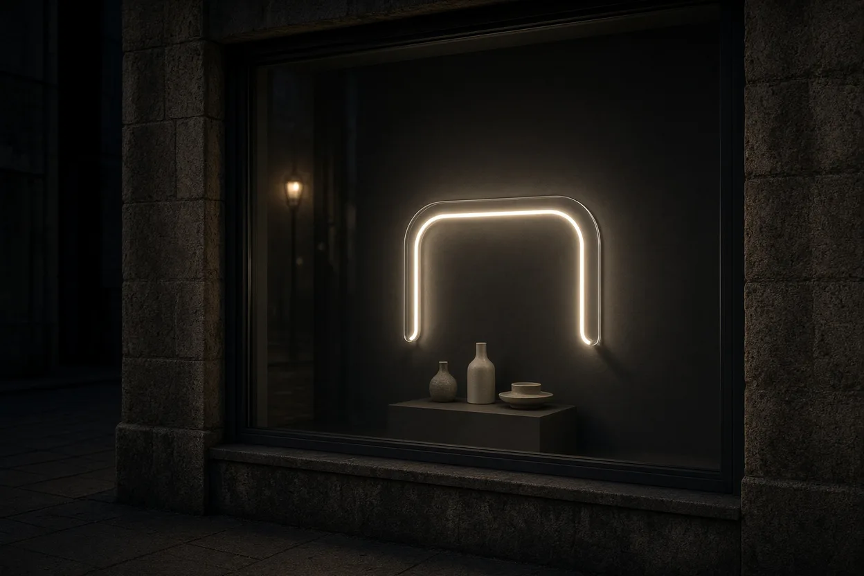 Vitrine de boutique la nuit, éclairage intérieur éteint et seule une forme en néon LED blanc chaud allumée sur plaque acrylique