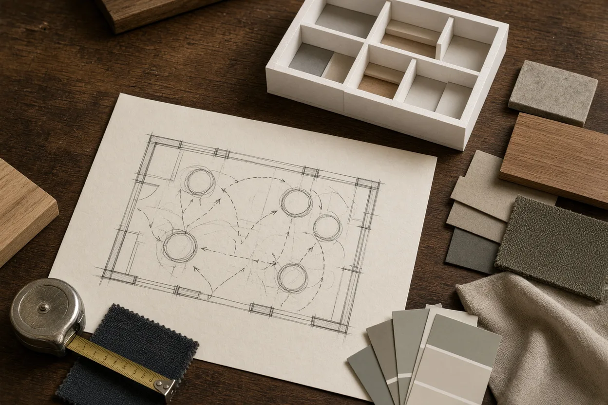 Table de travail d'un scénographe avec plan d'implantation dessiné à la main, maquette en mousse blanche, échantillons de tissus et nuancier