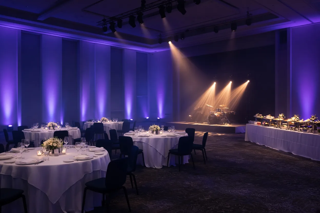 Grande salle d'événement avant l'arrivée des invités, murs éclairés en violet et bleu, scène et buffet sous des faisceaux chauds