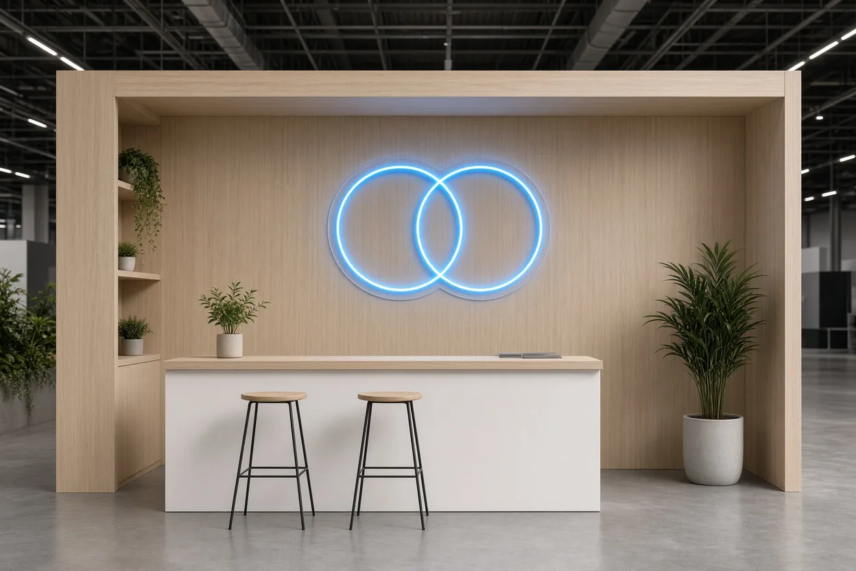 Stand de salon en bois clair avec comptoir blanc, tabourets et deux cercles entrelacés en néon LED bleu sur plaque acrylique au mur du fond