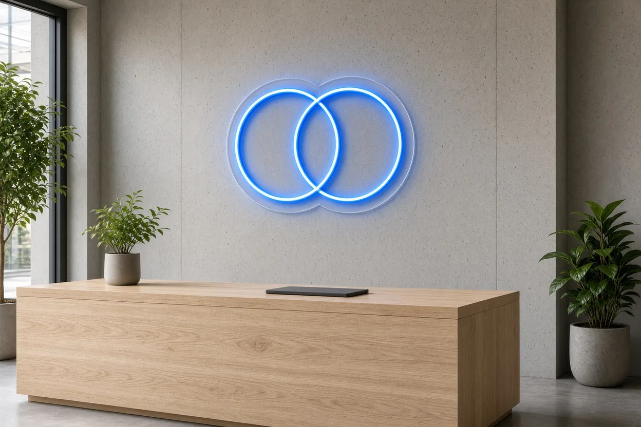 Accueil d'un siège d'entreprise avec bureau en chêne et mur en béton où les deux cercles en néon LED bleu de l'événement ont été réinstallés