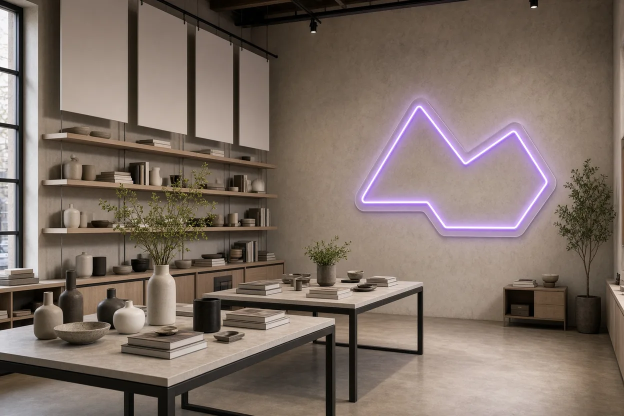 Concept store με κρεμαστά πάνελ πάνω από τα ράφια και μορφή νέον LED μωβ στον πίσω τοίχο