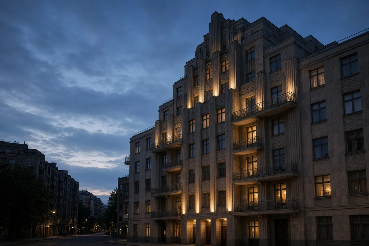 Fachada de edificio art déco al atardecer con escalonados geométricos, franjas verticales e iluminación cálida de la fachada