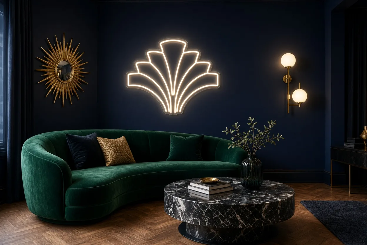 Salón art déco con sofá curvo de terciopelo esmeralda, mesa de mármol, apliques globo y abanico de neón LED blanco cálido