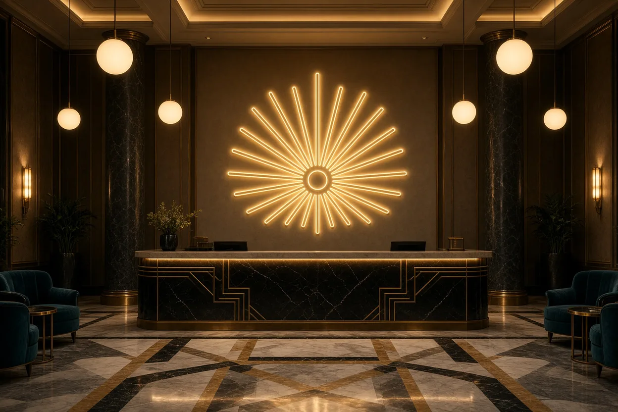 Vestíbulo de hotel art déco simétrico de mármol y latón con rayos de sol de neón LED dorado sobre la recepción