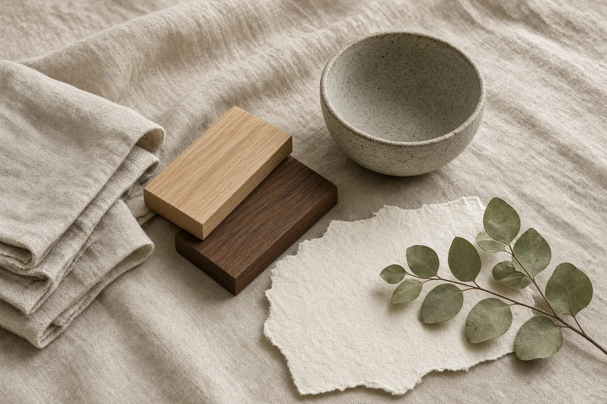 Japandi stilleven met planken van licht eiken en notenhout, gewassen linnen, een kom van steengoed en washipapier op een beige achtergrond