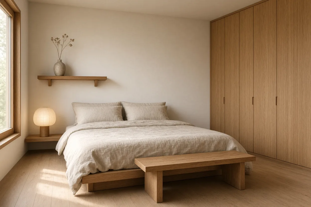 Japandi slaapkamer met laag eikenhouten bed, beige linnen beddengoed, houten bankje, papieren lamp en een lege crèmekleurige muur