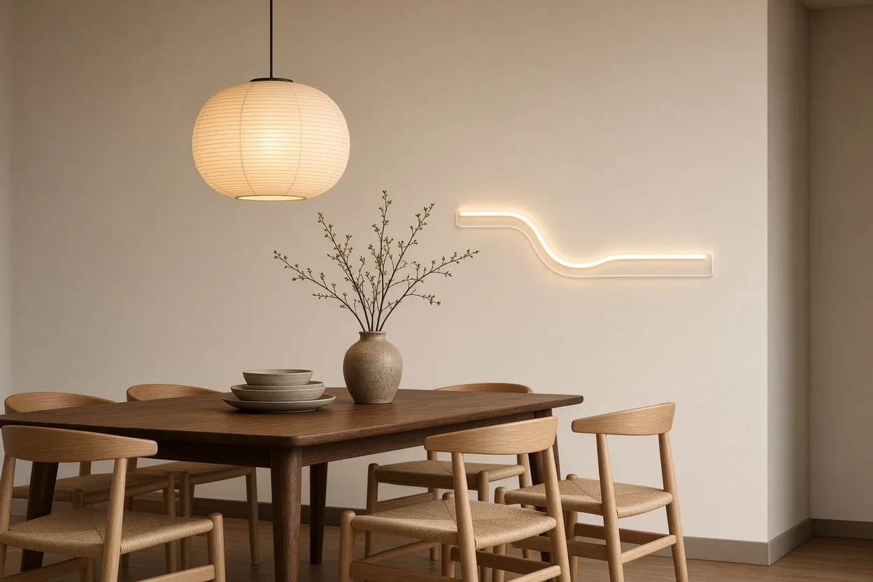 Japandi eethoek ’s avonds met papieren hanglamp, notenhouten tafel, houten stoelen en een lijn in warm wit LED neon