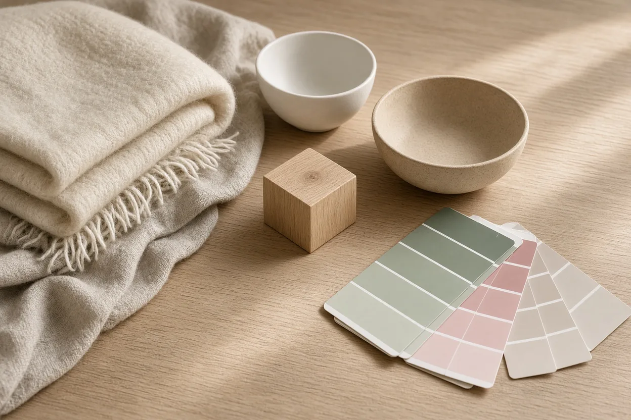 Matières d'un intérieur scandinave réunies sur une table en chêne clair : plaid en laine, lin naturel, céramique mate et nuancier vert sauge et rose poudré