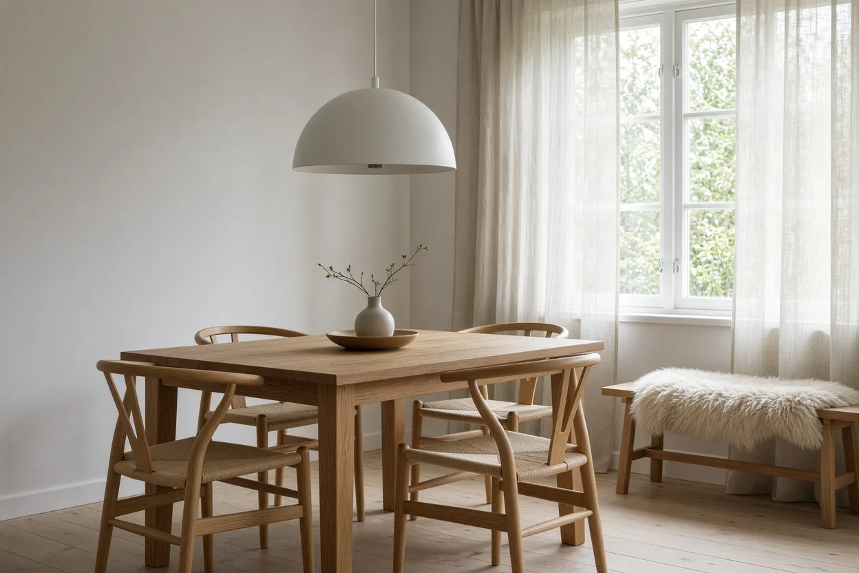 Salle à manger scandinave avec table en chêne, chaises en bois à dossier en Y et assise tressée, suspension blanche au-dessus de la table
