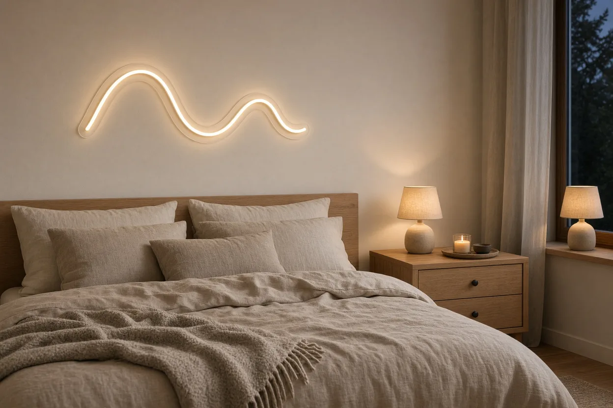 Chambre scandinave le soir avec linge de lit en lin, lampes de chevet et vague en néon LED blanc chaud au-dessus de la tête de lit