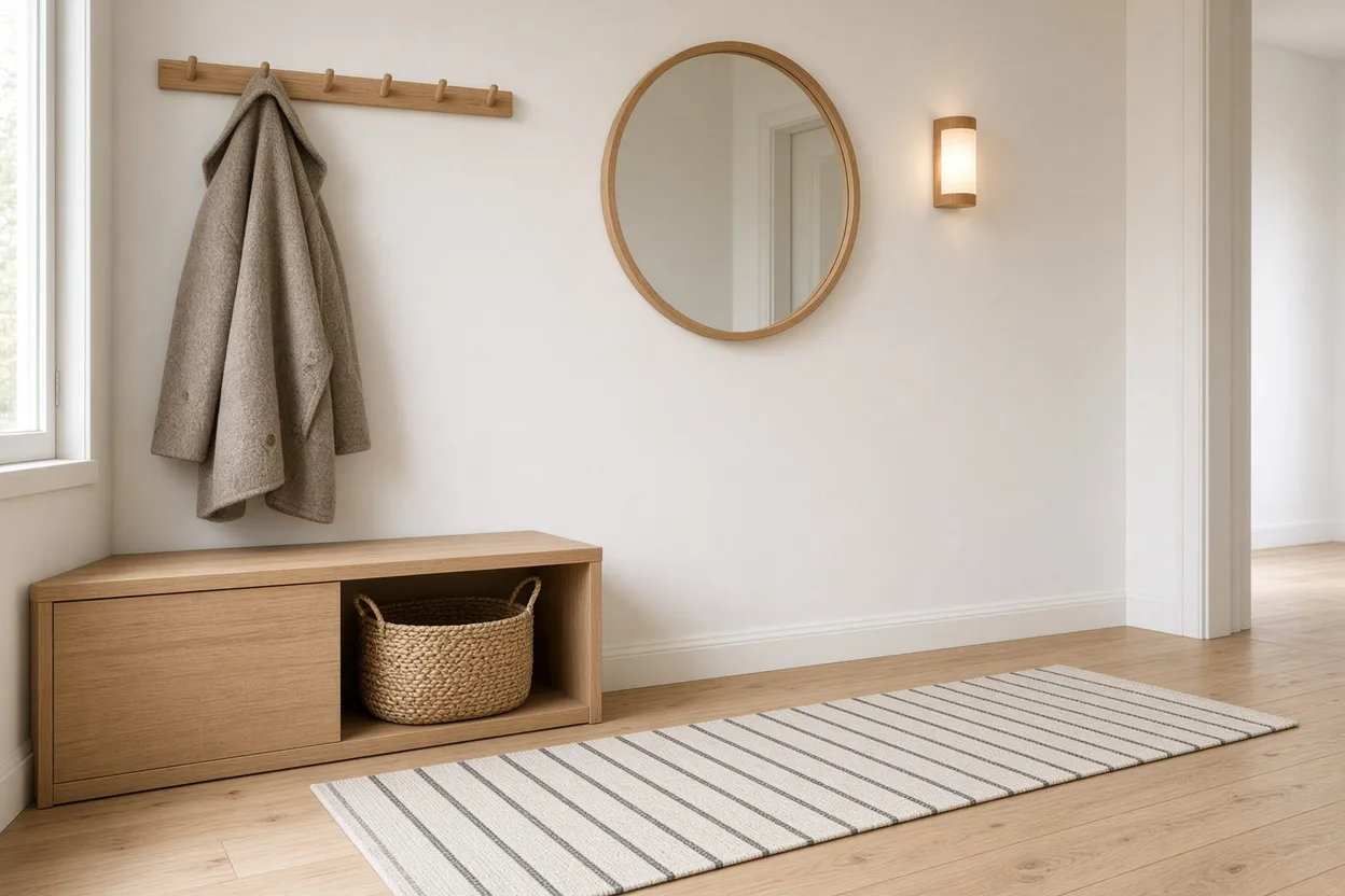 Entrée scandinave avec banc coffre en bois clair, patères, miroir rond et applique murale à la lumière chaude