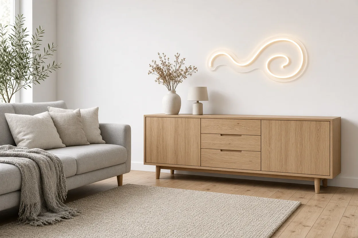 Salon scandinave lumineux avec canapé gris clair, buffet en chêne blond, plaid en laine et ligne courbe en néon LED blanc chaud sur plaque acrylique au-dessus du buffet