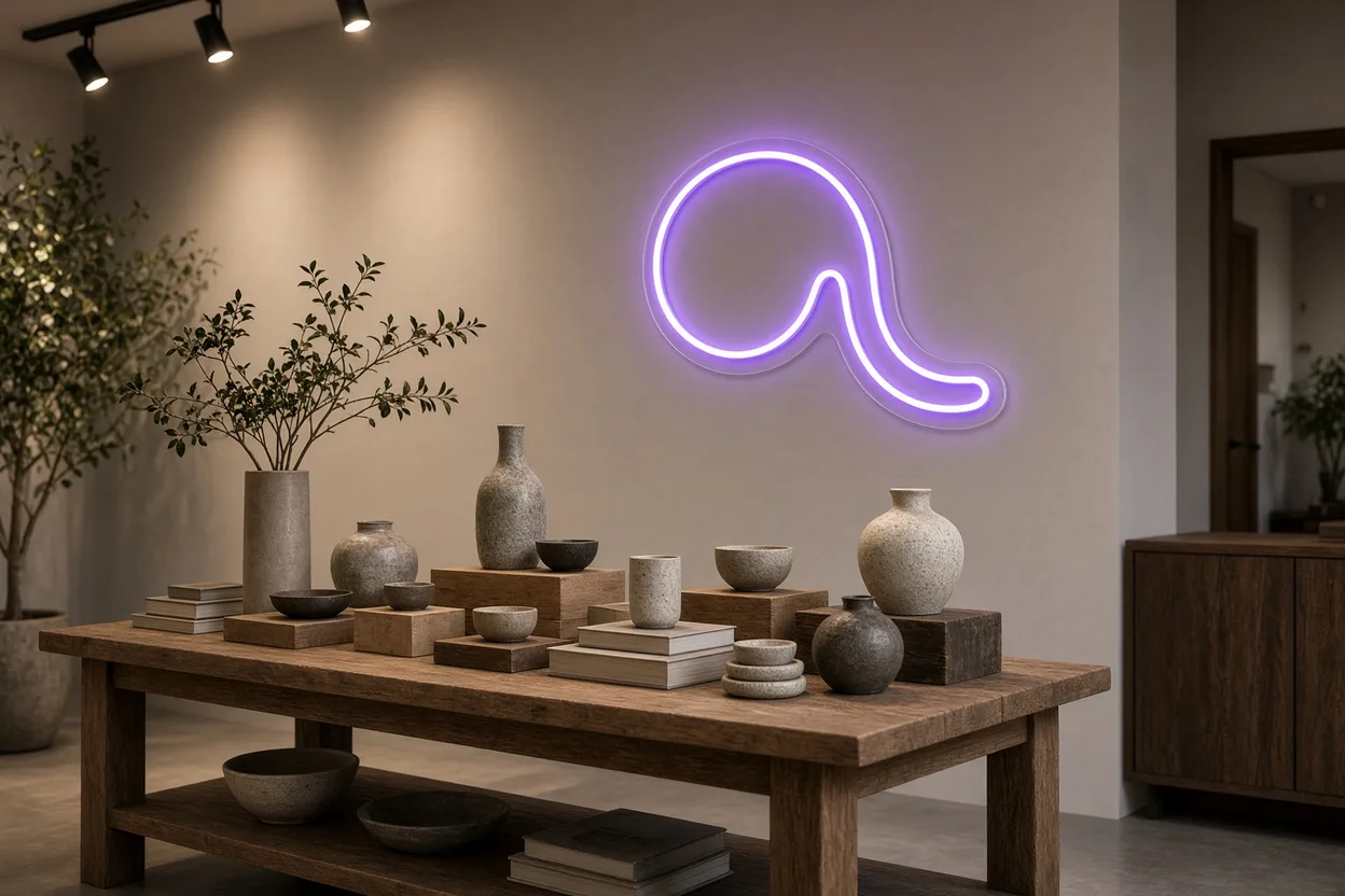 Table de présentation thématique en boutique, céramiques et livres sous des spots orientables, avec une forme en néon LED violet au mur