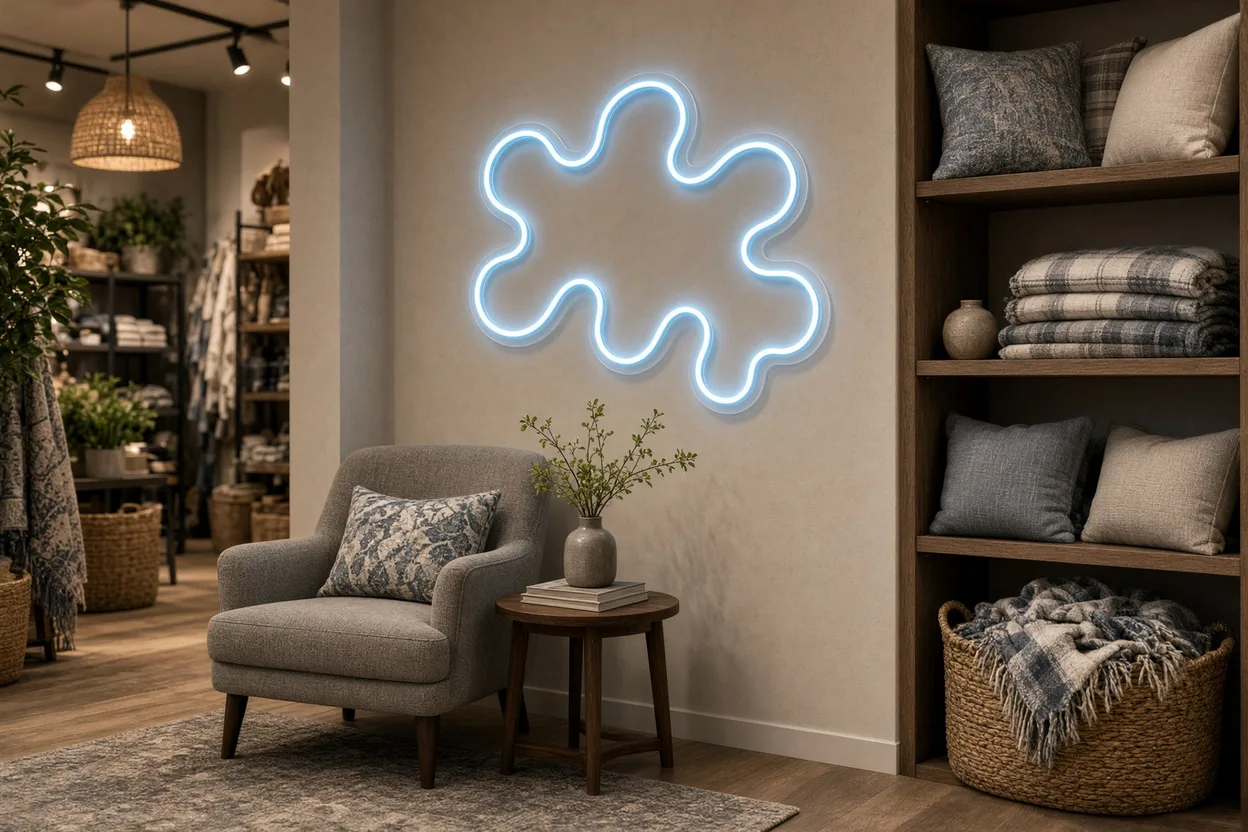Angle du fond d'une boutique réchauffé par une forme en néon LED bleu glacé, avec un fauteuil et des étagères de produits