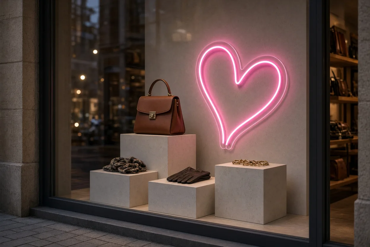 Vitrine de boutique au crépuscule, sac à main sur des podiums de hauteurs différentes et forme en néon LED rose derrière la vitre