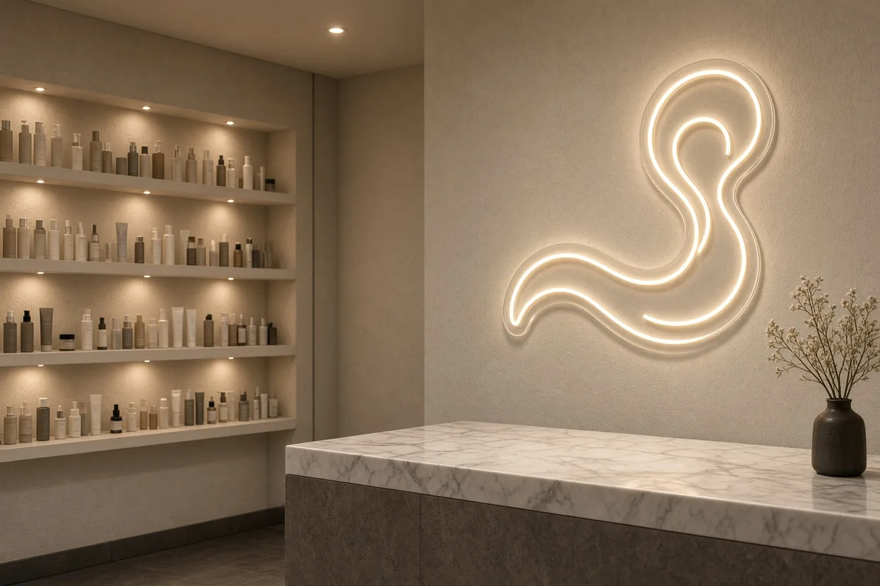 Boutique de cosmétiques éclairée par des spots d'accent sur les étagères et une forme en néon LED blanc chaud au mur